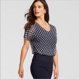 CAbi S EUC Elephant pattern sheer Blue Short Sleeve Fitted Blouse- fitted waist